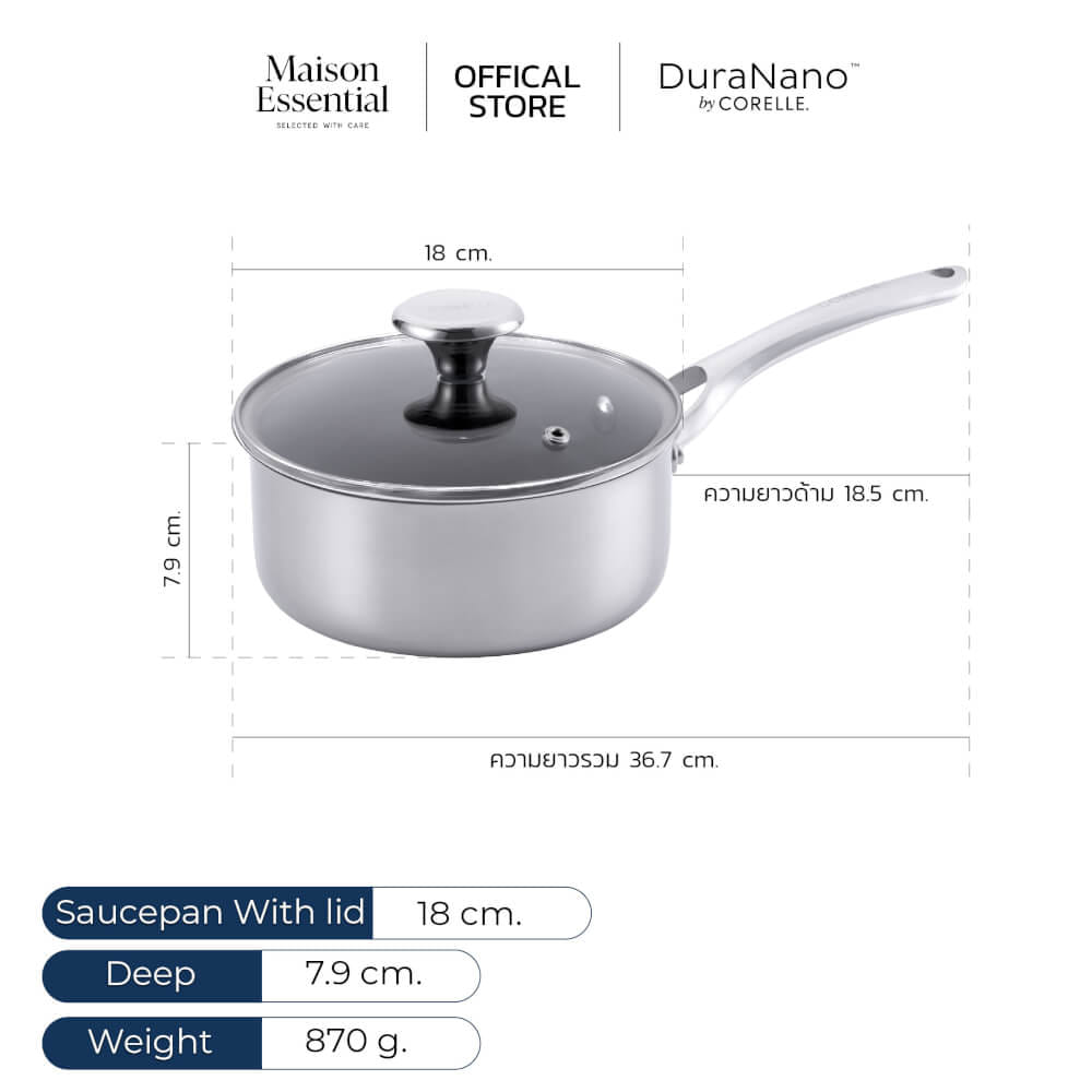 หม้อด้ามพร้อมฝา 18 ซม. NON-STICK ไร้การเคลือบ CORELLE DURANANO สีเงิน_1